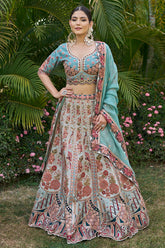 Blue Raw Silk Floral Printed and Sequin Embroidered Lehenga